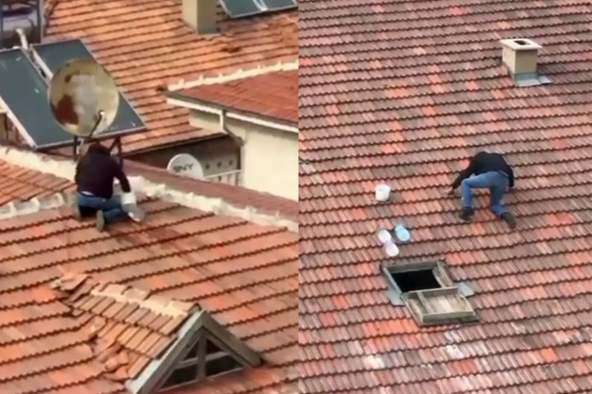 Elazığ’da vatandaşın çatıdaki tehlikeli yürüyüşü yürekleri ağza getirdi
