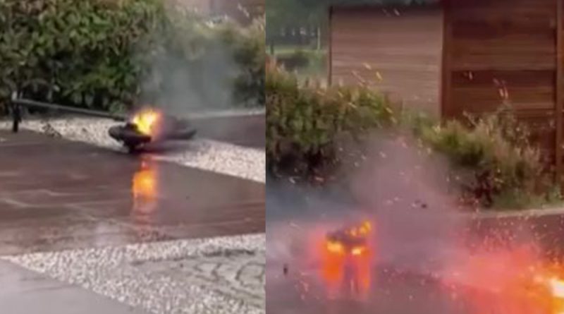 Elektrikli scooter alev aldı, patlama anı kameraya yansıdı