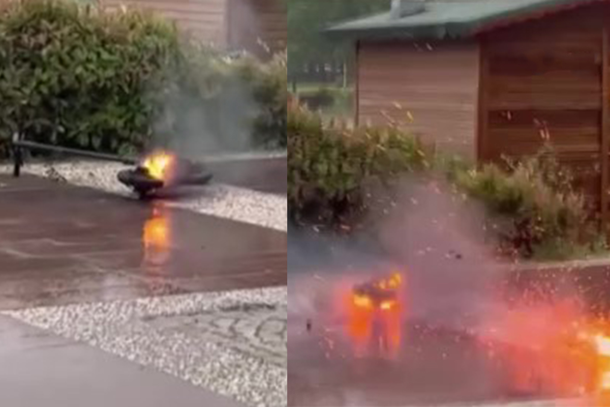 Elektrikli scooter alev aldı, patlama anı kameraya yansıdı