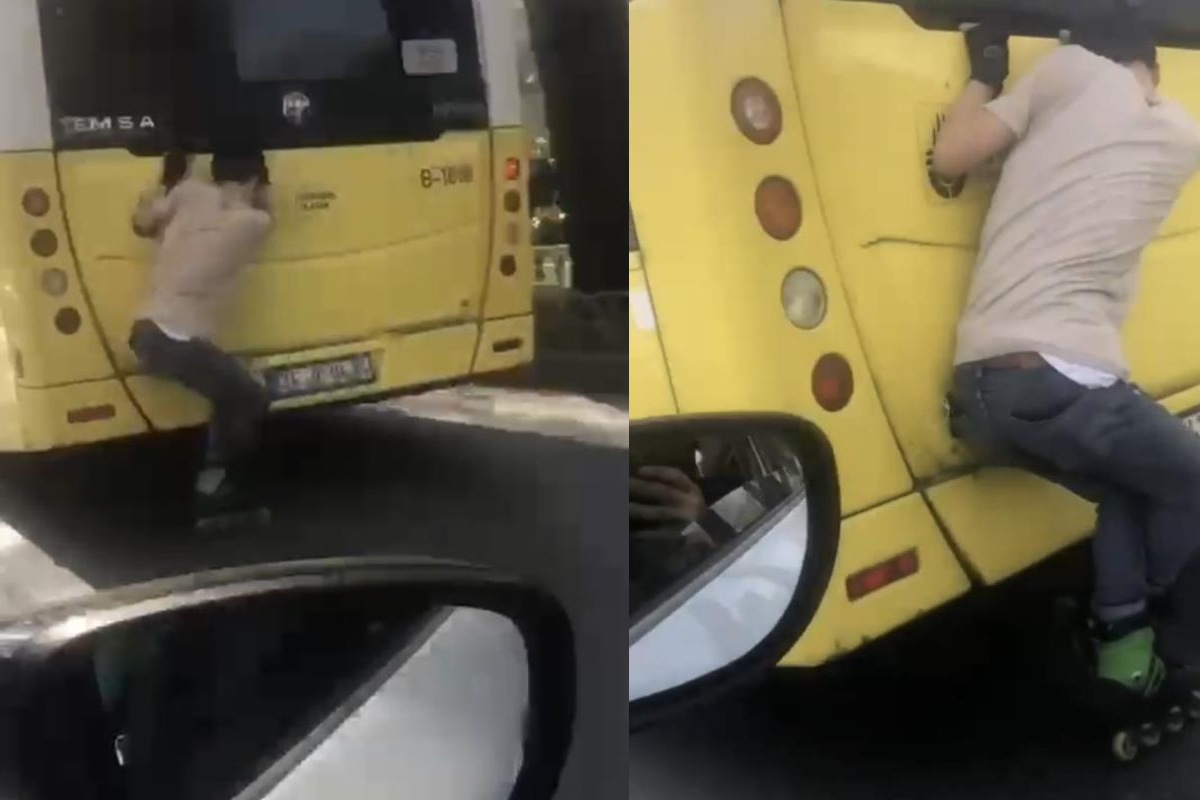 Otobüse tutunarak kayan patenli genç yürekleri ağza getirdi