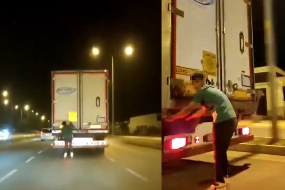 Tır arkasında ölümüne patenli yolculuğa yoldan geçen sürücü müdahale etti