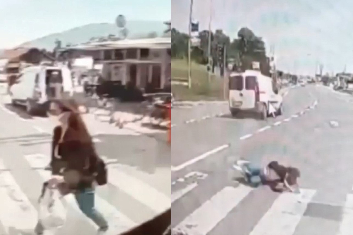 Yolun karşısına geçmeye çalışırken araç çarptı, yerden kalkıp yoluna devam etti