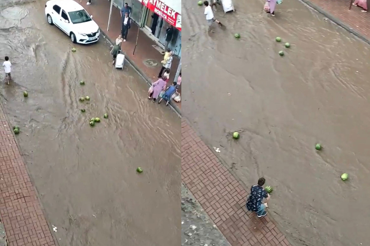 Selde sürüklenen karpuzları vatandaşlar kurtarmaya çalıştı