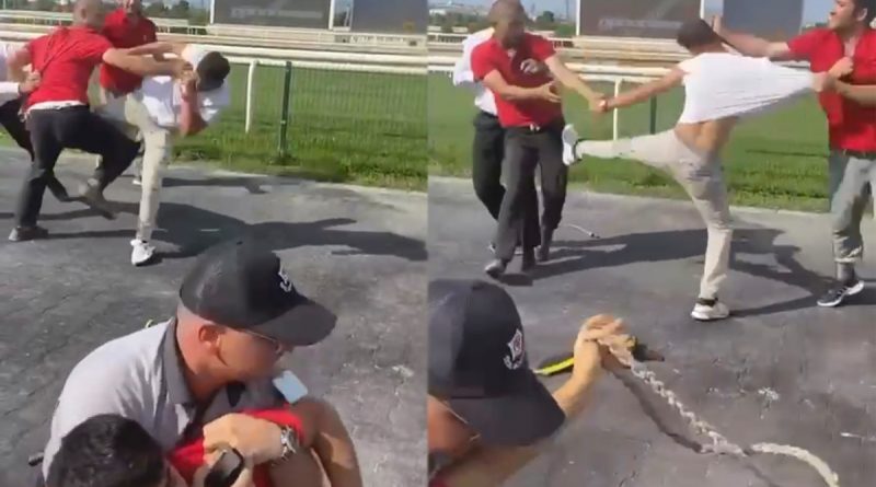 Bursa Hipodromu'ndaki seyislerin tekmeli yumrulu kavgası kamerada