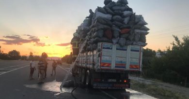Mangal kömürü yüklü tırda çıkan yangını itfaiye söndürdü