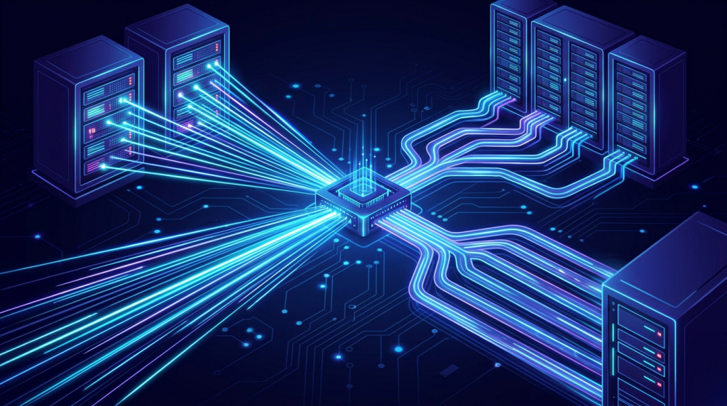 Central processor connecting multiple server racks with glowing data streams