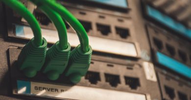 close up of network cables with server ports